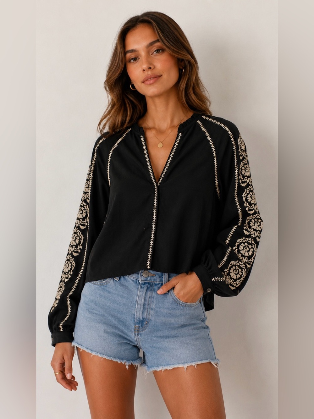 Embroidered V-Neck Peasant Blouse - Black (New/Unworn)